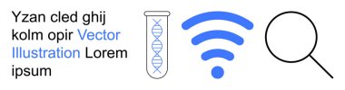 Biyoteknoloji, internet araştırması, veri analizi, keşif, kablosuz iletişim, soruşturma. Bir DNA test tüpü, mavi kablosuz sembol ve büyüteç. Biyoteknoloji ve internet araştırmaları