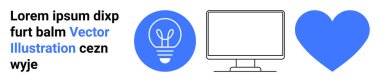 Yaratıcılık, yenilik, teknoloji, tutku, iletişim, tasarım. Mavi ampul, bilgisayar monitörü ana hatları ve kalp sembolü. Fikir ve duygulara odaklanan yaratıcılık ve yenilik kavramları