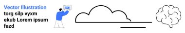 Bir dizüstü bilgisayar tutan kişi, depolamayı öneren bulut çizgisi ve yaratıcılığı ve fikirleri ima eden beyin. Teknoloji, yenilik, beyin fırtınası, bulut depolama, eğitim ve yapay zeka için ideal