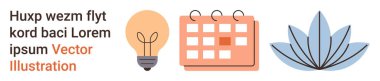 Üretkenlik, farkındalık, planlama, yaratıcılık, organizasyon, yenilik. Ampul, takvim ve nilüfer çiçeği yan yana. Yaratıcı planlama unsurlarıyla verimlilik ve farkındalık kavramı