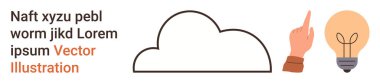 Yaratıcılık, beyin fırtınası, yenilik, karar verme, teknoloji, iletişim. Bir bulut, işaret eden el ve ampul temiz minimum dizaynda. Yaratıcılık ve beyin fırtınası konsepti