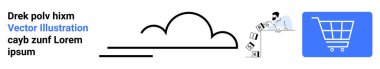 Dijital hizmetler, bulut depolama, e-ticaret, veri transferi, çevrimiçi işlemler, internet hizmetleri. Bulut sembolü, alışveriş arabası ve veri akışı olan biri. Bulut depolama ve e-ticaret kavramı