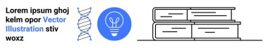 Eğitim, bilim, araştırma, yenilik, fikir üretimi, akademik çalışma. DNA sarmalı, ampul ikonu ve asgari dizaynlı kitaplar. Tasarımda bilim ve öğrenme kavramları