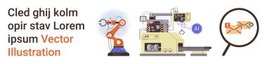 Teknoloji, endüstriyel otomasyon, yapay zeka, dijital iletişim, mühendislik süreçleri, e-posta analizleri. Robot kol, yapay zeka ile çalışan makine ve büyütülmüş posta ikonu. Sanayi