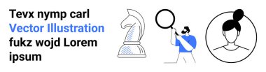 Strateji, karar verme, araştırma ve analiz, kişisel kimlik, şirket markalaşması, teknoloji. Satranç şövalyesi, büyüteçle büyüten kadın yüz hatlarıyla bir erkek. Strateji ve araştırma konsepti