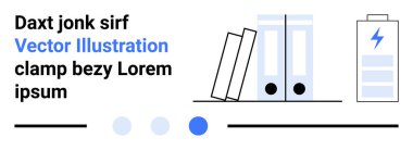 Dosyalara dayanan kitaplar, üzerinde yıldırım simgesi olan pil göstergesi. Üretkenlik, organizasyon, verimlilik, teknoloji, minimalizm, çalışma alanı kurulumu için ideal, basit iniş sayfası
