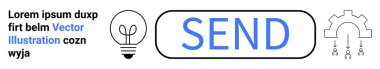 Yenilik, iletişim, teknoloji, takım çalışması, dijital dönüşüm, işlem otomasyonu. Ampul iyonu, SEND düğmesi ve siyah-mavi vites sembolü. Yenilik ve iletişim kavramı