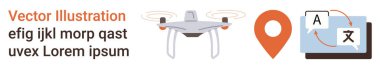 Kuadkopter teknolojisi, küresel konumlandırma, dil çevirisi, uzaktan iletişim, navigasyon çözümleri, modern teknoloji entegrasyonu. Quadcopter, harita şifresi ve çeviri simgeleri. Drone teknolojisi