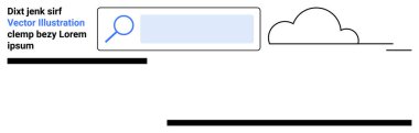 Web tasarımı, veri araması, bulut depolama, çevrimiçi platformlar, UI navigasyon, dijital bilgi. Büyüteç, bulut ve yer tutucu metni olan arama çubuğu. Veri arama ve bulut depolama teması