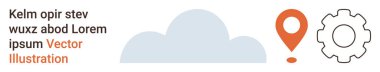 Teknoloji, navigasyon, bulut hesaplama, iş akışı, konum hizmetleri, işlem otomasyonu. Turuncu lokasyon iğnesi ve vites sembolü olan minimalist bulut çizimi. Teknoloji ve navigasyon