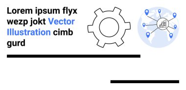Konum pimleri ve merkezi bağlantıları olan küresel bir ağın yanında vites sembolü. İş, teknoloji, küresel iletişim, süreç, yenilik, işbirliği, basit iniş sayfası için ideal