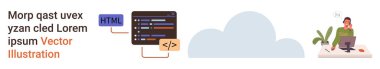 Web geliştirme, kodlama eğitimi, programlama hizmetleri, teknik çalışma alanları, bulut hesaplama, uzaktan çalışma. Bir programcı HTML elementli bir bulut simgesinin yanında kod üzerinde çalışır. Web geliştirme ve kodlama