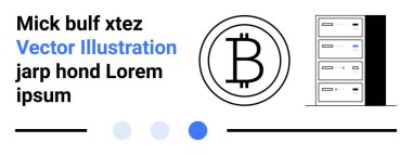 Çemberin içinde Bitcoin, sağda sunucu rafı, metin elemanları ve basit şekiller. Kripto para birimi, fintech, engelleme zinciri, madencilik, veri depolama dijital ekonomi basit iniş sayfası için ideal