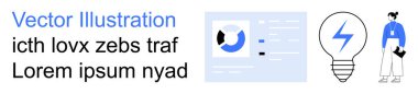İş büyümesi, yenilik, yaratıcı çözümler, profesyonel tasarım, modern teknoloji, veri görselleştirme. Gösterge paneli, ampul simgesi ve iş karakteri. İş büyümesi ve yenilik