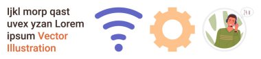 Dijital dönüşüm, iletişim platformları, teknik destek, bağlantı, kablosuz ağlar, verimli sistemler. Mavi kablosuz ikon, turuncu dişli erkek müşteri hizmetleri. İletişim