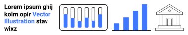 Renk aksanlı bar tablosu, dikey grafik çubukları, banka binası taslağı. Finans, veri analizi, bankacılık, yatırım, ekonomi, iş büyümesi için ideal