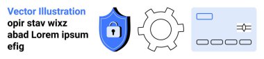 Kilitli mavi kalkan, vites simgesi ve sürgülü giriş kartı. Siber güvenlik, veri koruması, yazılım, teknoloji kurulumu, kullanıcı arayüzü, web tasarımı basit iniş sayfası için ideal