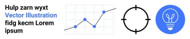 Analitik, yenilik, hedef belirleme, stratejik planlama, yaratıcı çözümler, iş süreçleri. Çizgi çizelgesi, hedef ve ampul simgesi temiz bir düzende. Analizler ve yenilik