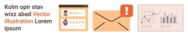 İş iletişimi, çevrimiçi geri bildirim, veri analizi, pazarlama sezgileri, web geliştirme, bildirimler. Eleştirileri olan bir tarayıcı, uyarı ve analiz grafikleri olan bir posta simgesi. İş dünyası