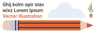 Eğitim, yaratıcılık, yazma araçları, sanatsal tasarım, durağanlık, minimalizm. Bulutun altında silgi ve yanında küçük bir saksı bitkisi olan turuncu kalem. Eğitim ve yaratıcılık kavramları