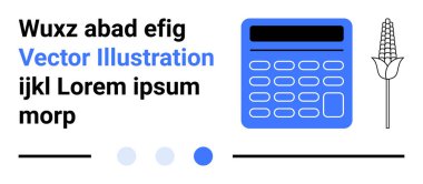 Mavi hesap makinesi, mısır ikonu, modern yazı tipi olan kalın metin, noktalı ilerleme göstergesi, yatay çizgiler. Teknoloji, finans, tarım ve eğitim için ideal minimalizm tasarımı basit iniş kavramlarını içerir