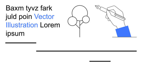 Graphic design, creativity, education, writing concepts, abstract art, vector layouts. A hand holding a pen with geometric shapes and placeholder text. Graphic design and creative concepts