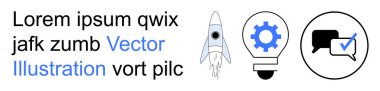 Teknoloji entegrasyonu, yenilik, verimlilik, iş stratejisi, iletişim araçları, tasarım konsepti. Roket, dişli ampul ve işaret simgeleriyle sohbet. Yenilik ve teknoloji entegrasyonu