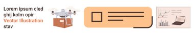 E-ticaret, lojistik, veri analizi, görsel iletişim, yenilik, kurumsal araçlar. Bir teslimat kuadkopteri bir paket, bir kartvizit düzeni ve bir veri paneli taşıyor. E-ticaret
