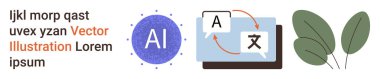 Yapay zeka, dil çevirisi, çevre bilinci, teknoloji entegrasyonu, yenilik, çevre dostu uygulamalar. Yapay zeka metni, dil değiştirme simgesi yeşil yapraklar. Yapay zeka