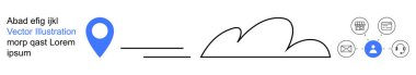 Navigation, location services, cloud storage, digital communication, networking, user interface design. Blue location pin, cloud drawing and circular icons. Navigation and cloud storage concepts