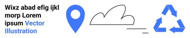 Çevre, navigasyon, dijital teknoloji, geri dönüşüm, ekoloji, sürdürülebilirlik. Mavi bir yer belirleme işareti, bir bulut ve geri dönüşüm ikonu içeriyor. Navigasyon ve çevre kavramları