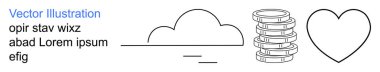 Finansal planlama, bulut hesaplama, aşk, tasarruf, zenginlik, teknoloji. Minimalist bulut, bozuk para ve kalp yığını. Finansal planlama ve bulut hesaplama kavramları