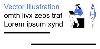 Teknoloji, yenilik, uzaktan çalışma, başlangıç başarısı, yaratıcı düşünce, üretkenlik. Bir kutuda dizüstü bilgisayar kullanan bir kadın, yanında roket fırlatılıyor. Teknoloji ve yenilik kavramı