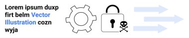 İşlemi temsil eden dişli, güvenlik tehdidini vurgulayan kafatası ile kilitlenmiş, veri akışını sembolize eden oklar. Siber güvenlik, risk yönetimi, veri koruması, kötü amaçlı yazılım uyarısı, siber savunma, bilişim teknolojileri için ideal