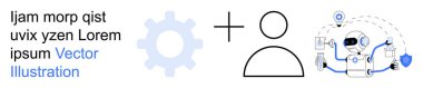 Artificial intelligence, human collaboration, automation, robotics, technology integration, innovation. Gear and person symbol alongside a robot graphic. Artificial intelligence and human