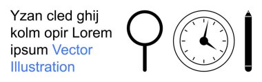 Arama, verimlilik, zaman yönetimi, organizasyon, iletişim, analiz. Siyah büyüteç, saat ve yer tutucu metni olan kalem simgeleri. Arama ve üretkenlik