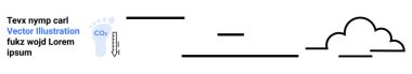 Çevresel farkındalık, işyeri gereksinimleri, sürdürülebilirlik, asgari tasarım, bilgi unsurları, iklim. Karbondioksit sembollü ayak izi, bulut ve siyah çizgiler. Çevresel farkındalık ve işyeri