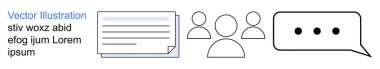 Takım çalışması, iletişim, sosyal etkileşim, işbirliği, belge paylaşımı, tartışma. Görsel olarak bir belge, bir grup insan ve konuşma balonu içeriyor. İletişim ve işbirliği kavramı