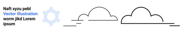 Weather design, tech branding, abstract concepts, cloud computing, minimalism, graphic templates. Outline of clouds and a gear icon next to placeholder text. Weather design and tech branding concepts