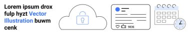 Veri güvenliği, bulut teknolojisi, sosyal medya, planlama araçları, dijital mahremiyet, online yönetim. Kilitli bir bulut, profil kartı takvimi ve saati var. Veri güvenliği ve bulut kullanımı kavramı