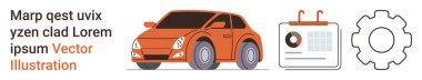 Ulaşım, programlama, planlama, araba servisi, teknoloji, otomasyon. Turuncu bir araba, çizelgesi ve vites simgesi olan bir takvim. Ulaşım ve görsel konsept zamanlaması
