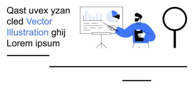Veri analizi, iş stratejisi, araştırma, piyasa eğilimleri, bilgi gösterimi ve eğitim. Grafikler, pano ve büyüteçle grafikler sunan bir adam. Veri analizi ve iş stratejisi
