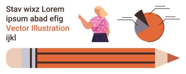 Veri sunumu, eğitim, yaratıcı süreç, analitik, profesyonel araçlar ve tasarım. İşaret eden bir kadın, bir pasta tablosu ve grafik kalem. Veri sunumu ve eğitim kavramları
