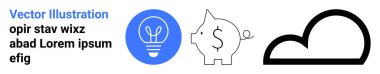 Yenilik, finans, tasarruf, beyin fırtınası, dijital depolama, iş fikirleri. Mavi ampul, bir dolar işaretli domuz kumbarası ve minimalist tasarımlı bir bulut ikonu. Yenilik ve finans kavramı