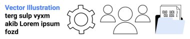 Bir dizindeki dişli, üç kullanıcı simgesi ve veri dosyaları takım çalışmasını, sistem süreçlerini ve veri organizasyonunu sembolize eder. İşbirliği, iş akışı, yönetim, iş yenilik stratejisi için ideal basit