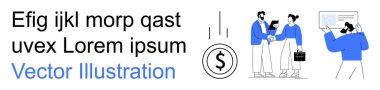 Finans, iş birliği, takım çalışması, yatırım, kurumsal ortaklıklar, iş akışı. İki iş adamı el sıkışıyor, bir dolar ikonu ve veri sunan bir kişi. Finans ve iş