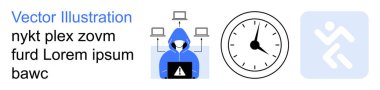 Siber güvenlik, zaman yönetimi, aciliyet, hacker tehditleri, dijital sistemler, uzaktan erişim. Kapüşonlu, dizüstü bilgisayarı, saati ve temiz tasarım ikonu olan biri. Siber güvenlik ve zaman yönetimi kavramı