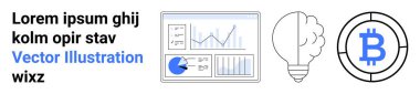 Çizelgeli veri paneli, yenilik metaforu olarak ampul, kripto para birimi bitcoin sembolü. Fintech, teknik yenilik, eğitim, veri görselleştirme, kripto para birimi ve pazarlama için ideal
