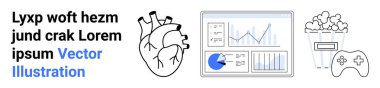 Anatomik kalp çizimi, çizelgeli analitik gösterge paneli, patlamış mısırlı oyun kumandası. Sağlık, teknoloji, analitik, fitness, eğitim, eğlence için ideal basit iniş sayfası
