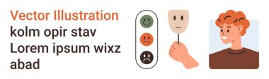 Duygusal analiz, ruh hali takip, kendini ifade, akıl sağlığı, kimlik, karar verme. Bir dizi mutlu yüz, maske tutan bir el ve bir insan. Duygusal analiz ve ruh hali takip konsepti